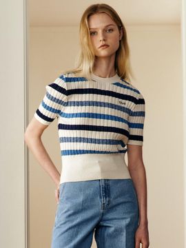 TRWA Cotton Stripe V-Neck Knitwear (SKY BLUE)