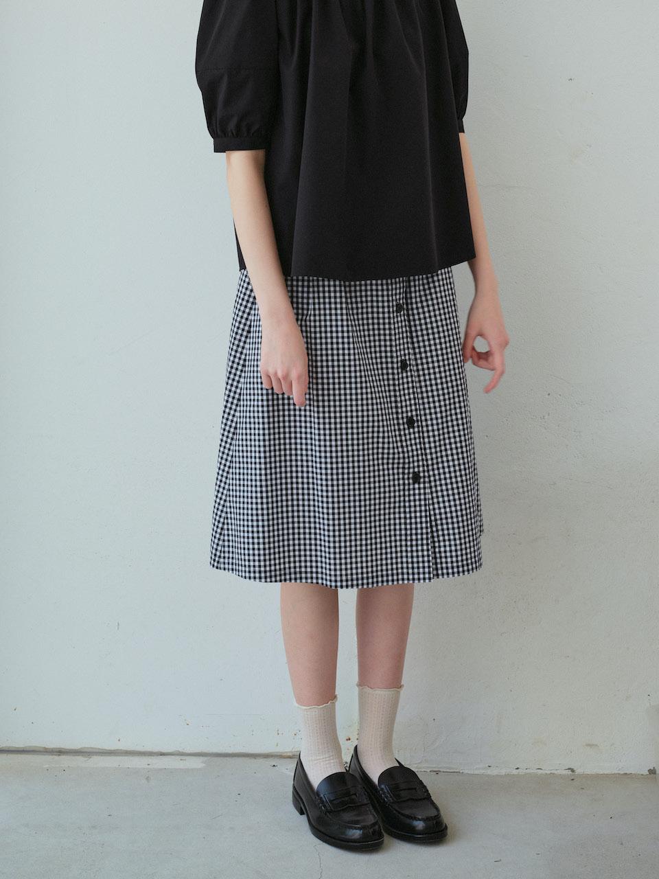 TRWA Gingham Checkered Shirring Midi Skirt
