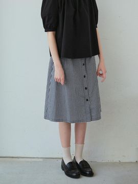 TRWA Gingham Checkered Shirring Midi Skirt