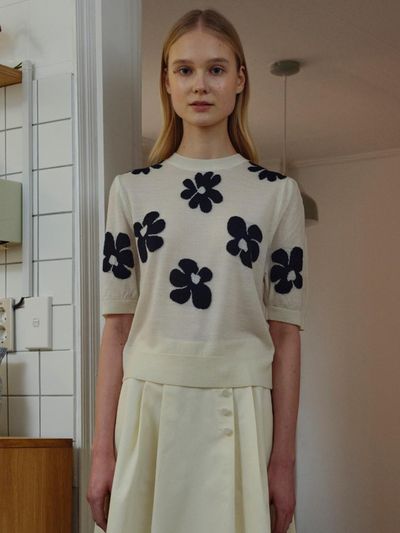 TRWA PUFF SLEEVE FLORAL SUMMER KNIT