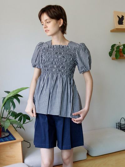 TRWA Square Shirring Smock Blouse_Gingham Checkered