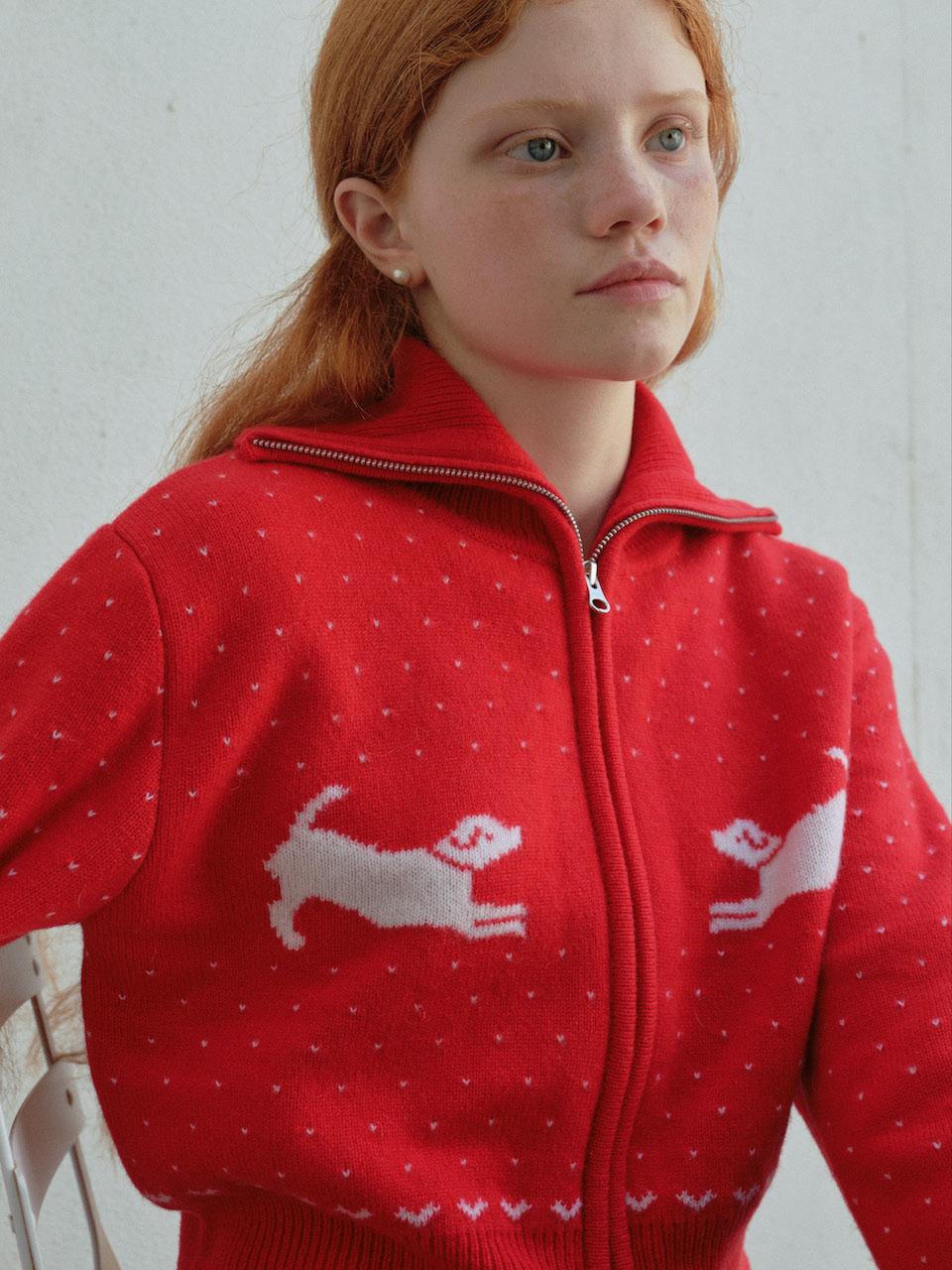 TRWA wool Nordic knit zip-up cardigan (RED)