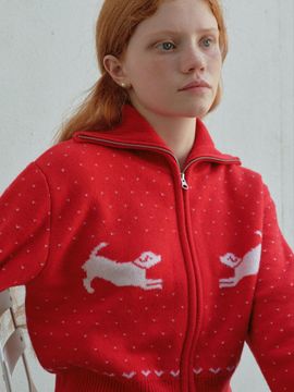 TRWA wool Nordic knit zip-up cardigan (RED)