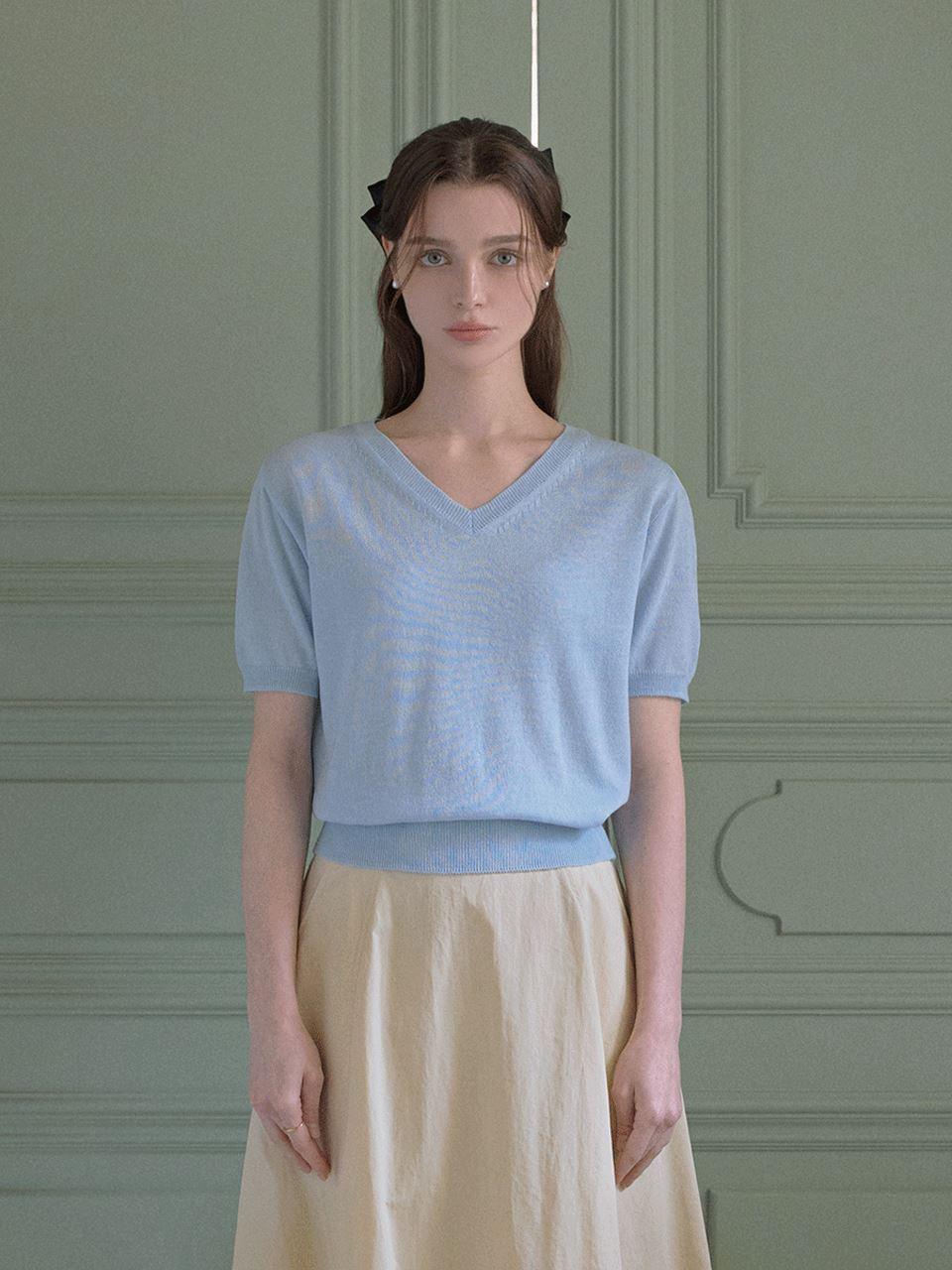 TWEE Elena Linen V Neck Short Sleeve Knit Top