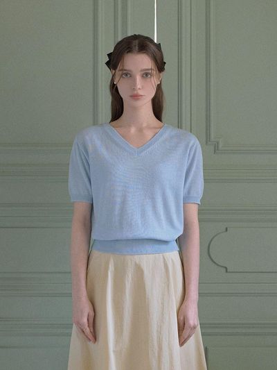 TWEE Elena Linen V Neck Short Sleeve Knit Top