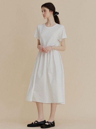 TWEE Layered Cotton Loose-Fitting Dress [Beige]