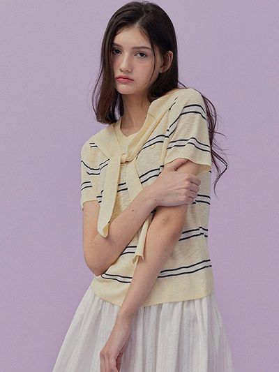 TWEE [TWEE] Cat Scarf Stripe Short Sleeve Knit Sweater