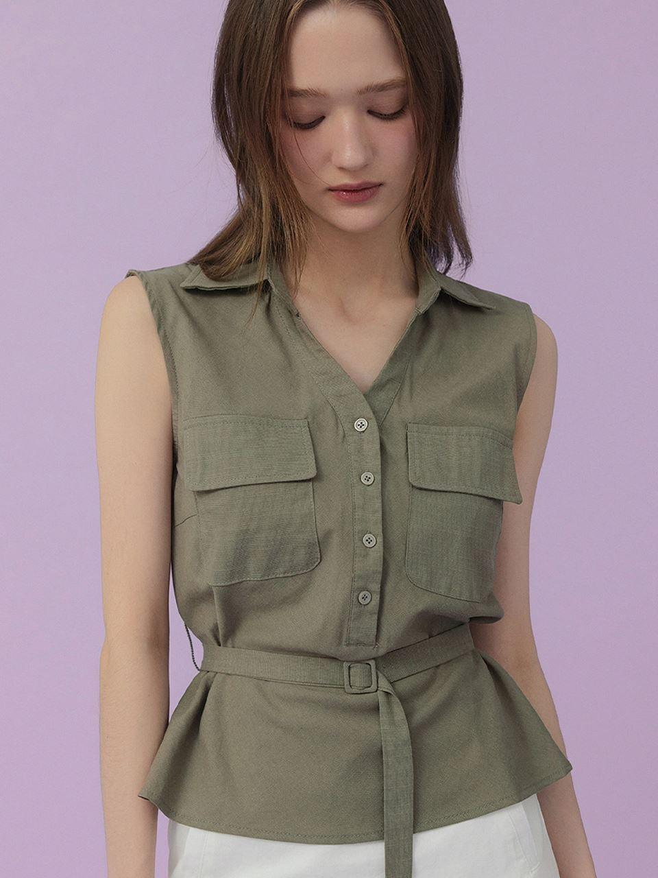 TWEE [TWEE] Hushed Collar Neck Pocket Blouse (with Belt Set)