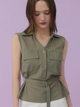 TWEE [TWEE] Hushed Collar Neck Pocket Blouse (with Belt Set)