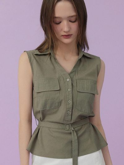 TWEE [TWEE] Hushed Collar Neck Pocket Blouse (with Belt Set)