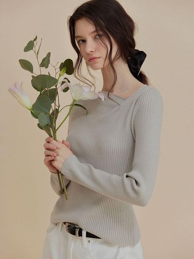 TWEE Unbalanced Neck Ribbed Asymmetric Sweater