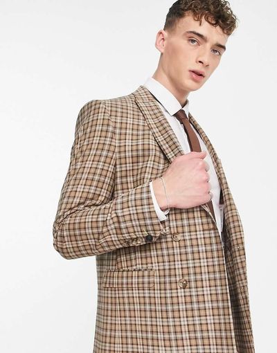 Twisted Tailor Twisted Tailor mepstead double breasted suit jacket in beige prince of wales check-Neutral