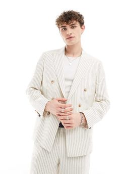 Twisted Tailor Twisted Tailor pinstripe double breasted slim suit jacket in cream-White