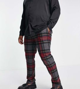 Twisted Tailor Twisted Tailor Plus Cardosi slim fit smart pants in gray and red check with pocket chain-Multi