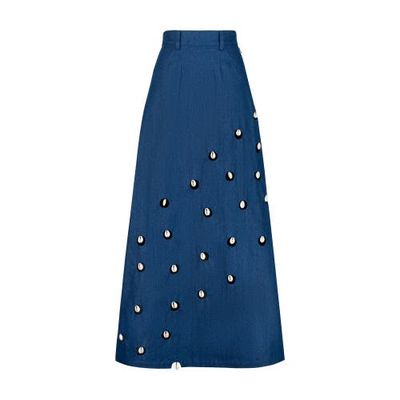 uCHÈ uCHÈ Cowrie Shell Embellished Denim Maxi Skirt