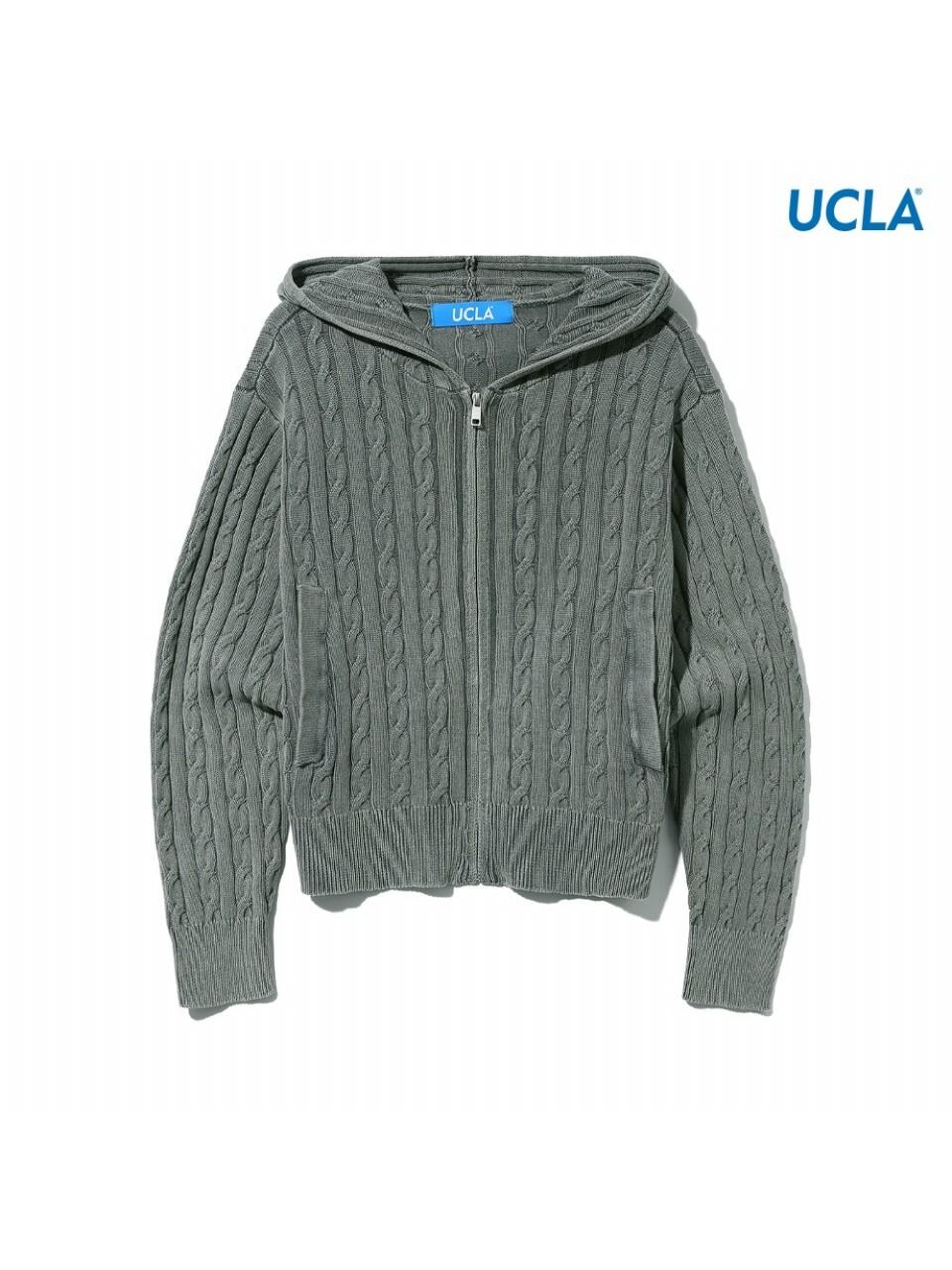 UCLA Pigment Washed Cable Knit Hooded Zip-up Jacket [Light Khaki] (UAAGD51_62)