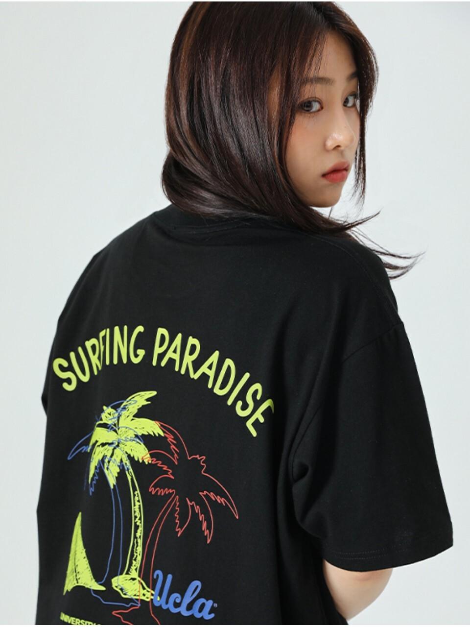 UCLA UCLA palm tree surfing short-sleeved T-shirt [BLAC