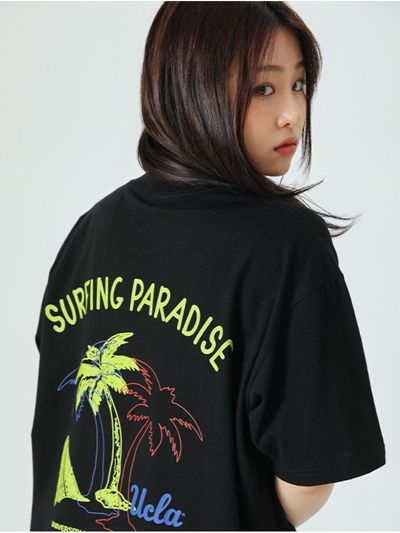 UCLA UCLA palm tree surfing short-sleeved T-shirt [BLAC
