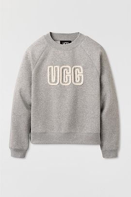 UGG UGG Logo Applique Graphic Relaxed Crew Neck Pullover Top in Grey, Women's at Urban Outfitters