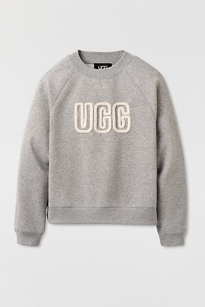 UGG UGG Logo Applique Graphic Relaxed Crew Neck Pullover Top in Grey, Women's at Urban Outfitters