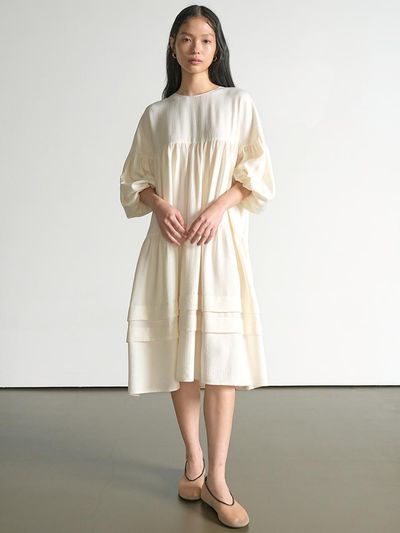 UIJI Double Pleated Fabric Dress [Ivory]
