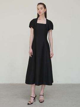 UIJI Puff Sleeve Mikado silk midi dress Black