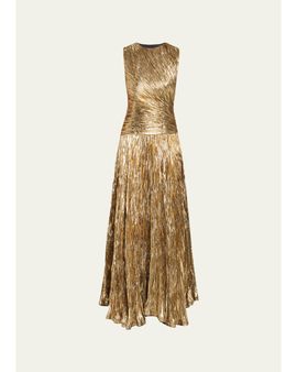 Ulla Johnson Sleeveless Metallic Plisse Drop-Waist Gown
