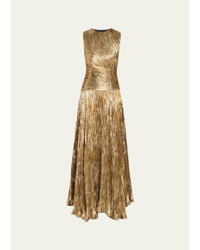 Ulla Johnson Sleeveless Metallic Plisse Drop-Waist Gown