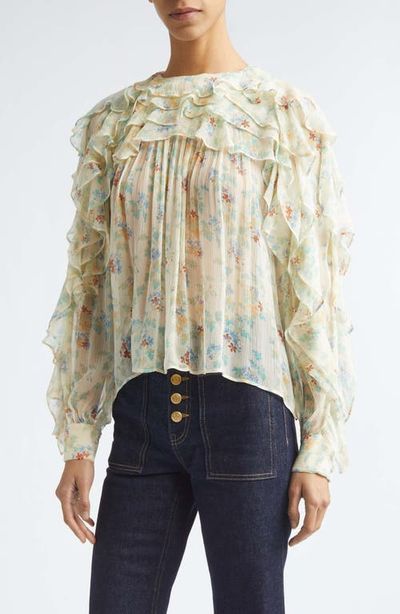 Ulla Johnson Ulla Johnson Willow Floral Ruffle Trim Silk Top