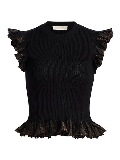 Ulla Johnson Women's Leila Metallic Rib-Knit Ruffle Top