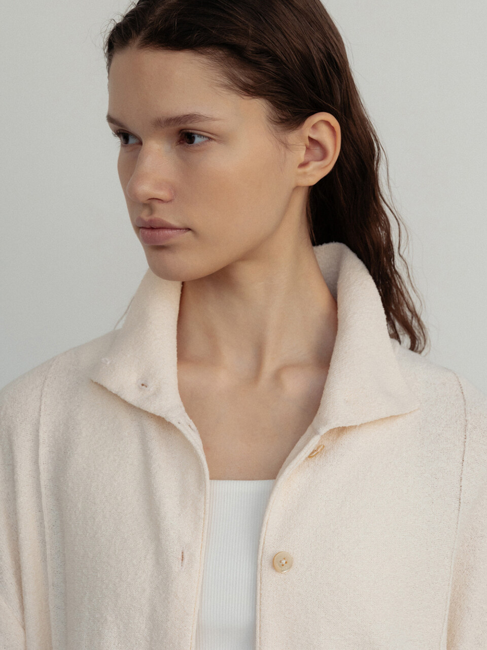UMARMUNG COLLECTION Linen Boucle High Neck Shirts Jacket_Off White