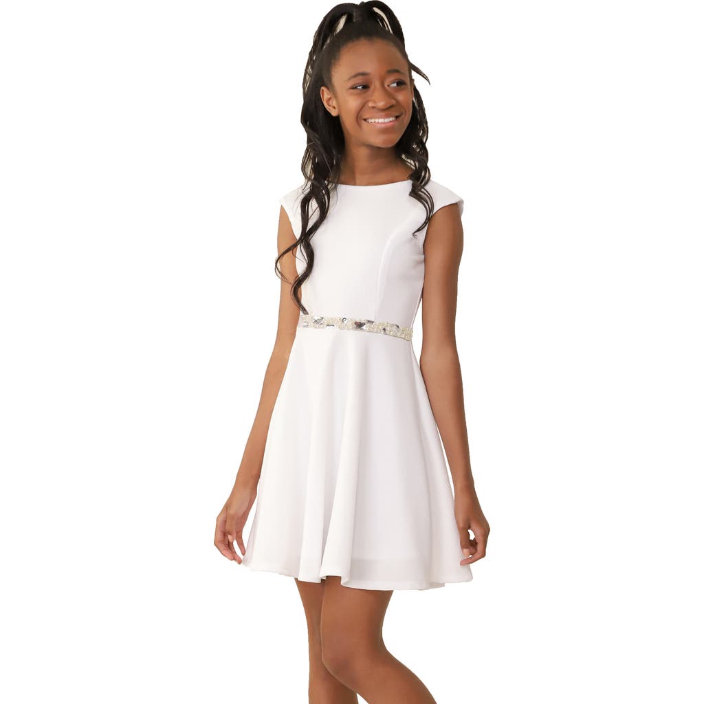 Un Deux Trois Un Deux Trois Textured Cap Sleeve Dress with Belt