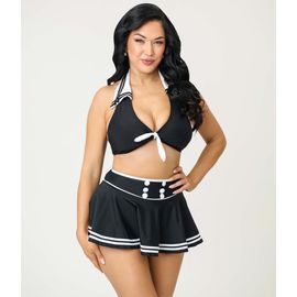 Unique Vintage Unique Vintage Collared Halter Faux Tie Front Swim Top