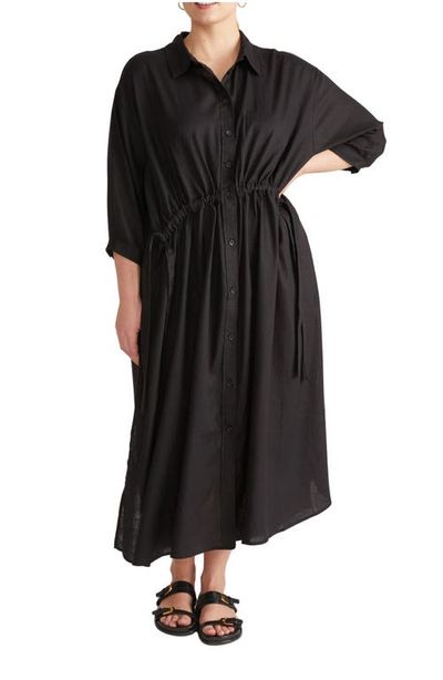 Universal Standard Universal Standard Drawstring Waist Button-Up Linen Blend Shirtdress