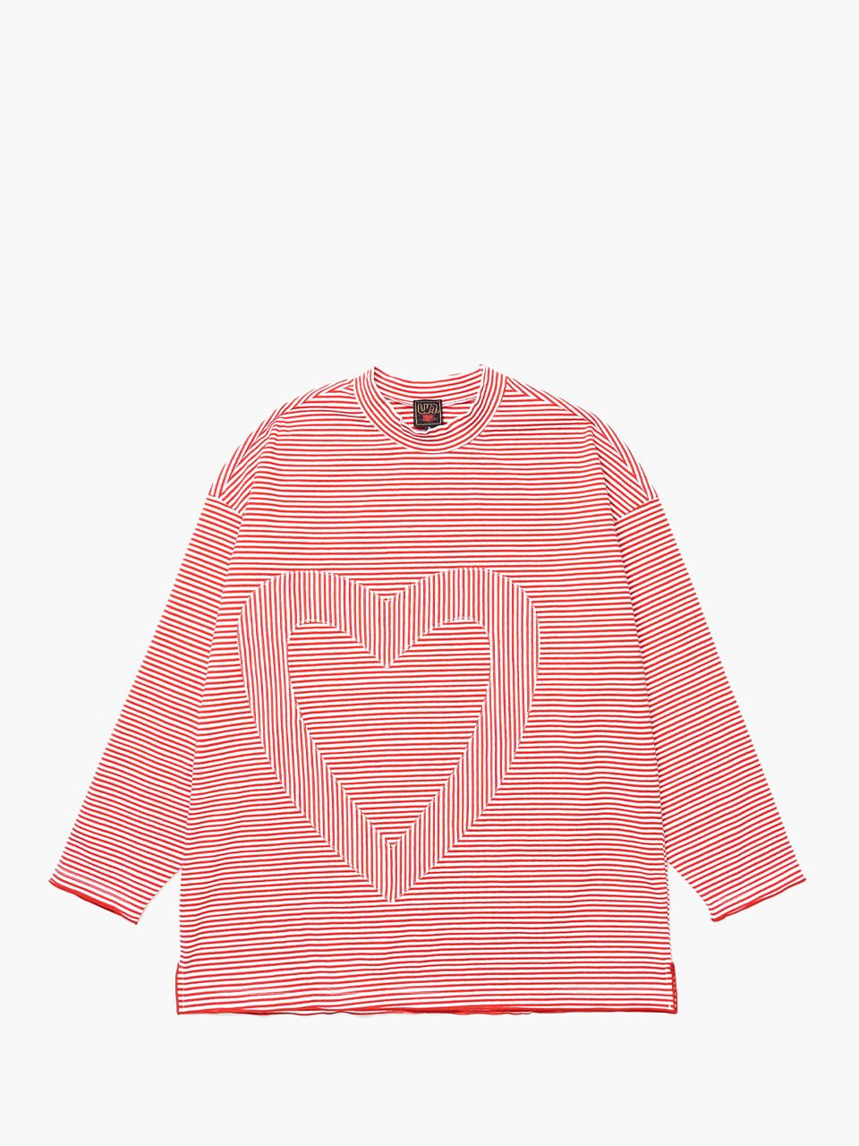 UNKNOWN BLUE Heart Pattern Cotton Blend Long Sleeve T-shirt [Red Stripe]