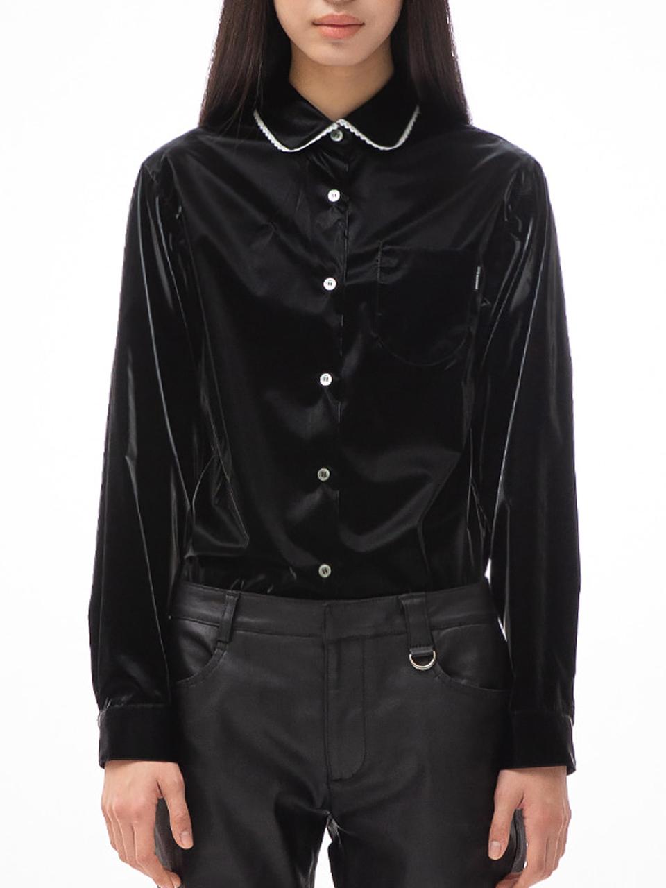 UNKNOWN BLUE Round Collar Lace Accent Day&Night Shirt [BLACK]