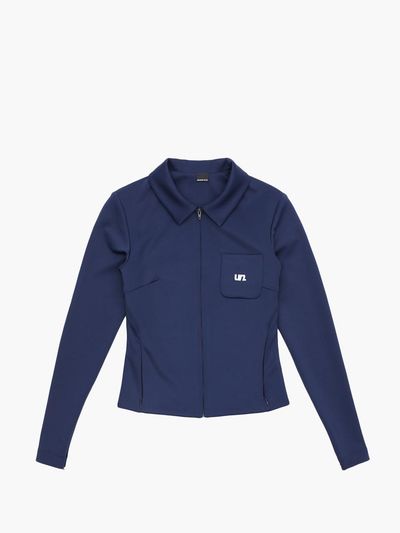 UNKNOWN BLUE Uniform Logo-Printed Hidden Zipper Jacket [Navy]