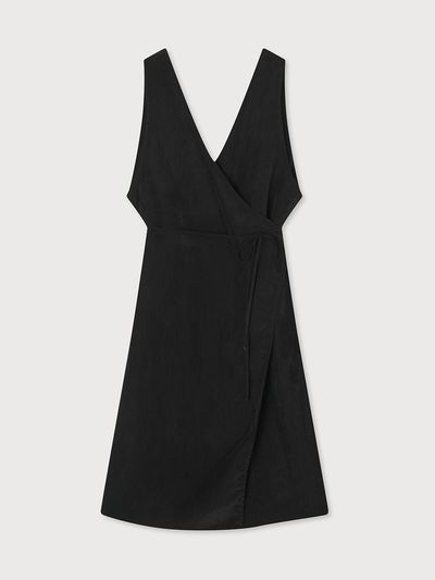 unless LAYERED SILKY LONG WRAP DRESS [BLACK]