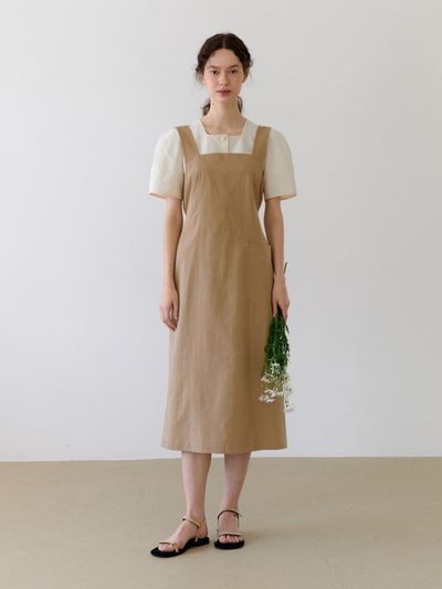 UNNOUT COTTON SUSPENDER DRESS BEIGE
