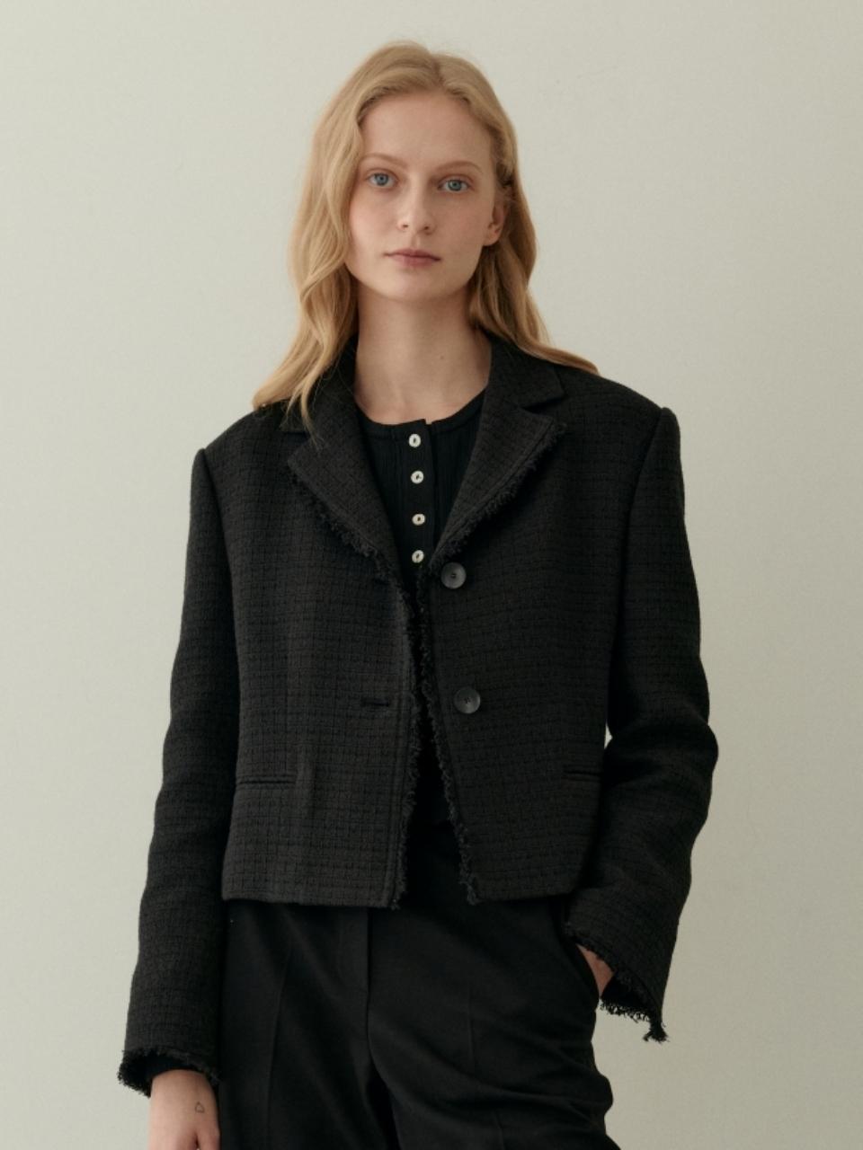 UNNOUT FRINGE TWEED JACKET BLACK