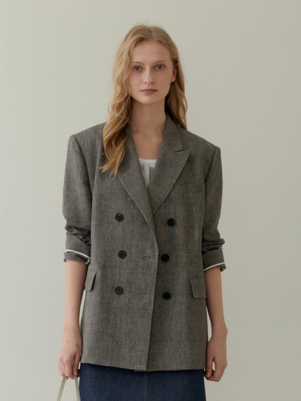UNNOUT LINEN DOUBLE BREAST CHECK JACKET CHARCOAL