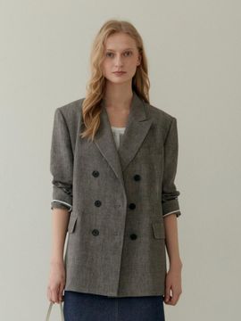 UNNOUT LINEN DOUBLE BREAST CHECK JACKET CHARCOAL