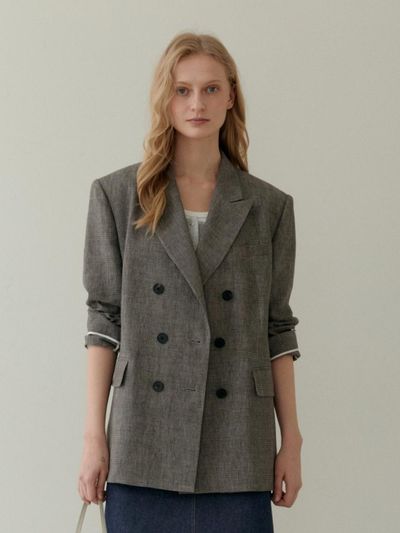 UNNOUT LINEN DOUBLE BREAST CHECK JACKET CHARCOAL