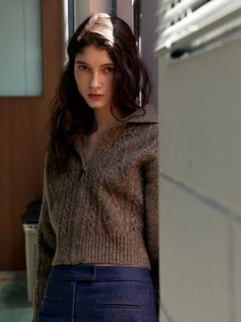 UNNOUT Wool Cable Knit Zip Up Cardigan