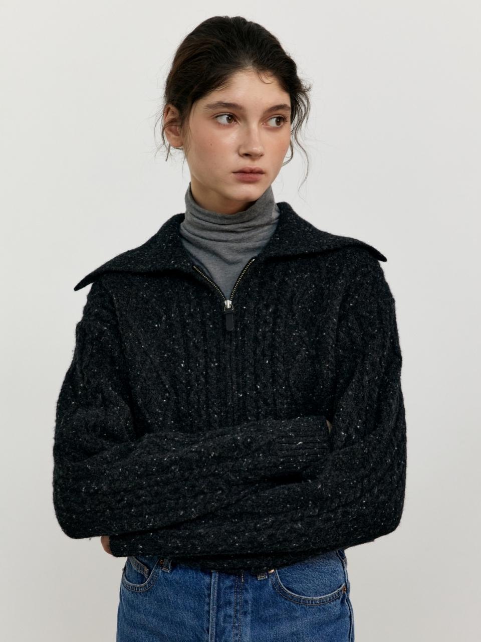UNNOUT Wool Cable Knit Zip Up Cardigan (Black)