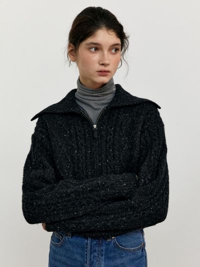 UNNOUT Wool Cable Knit Zip Up Cardigan (Black)