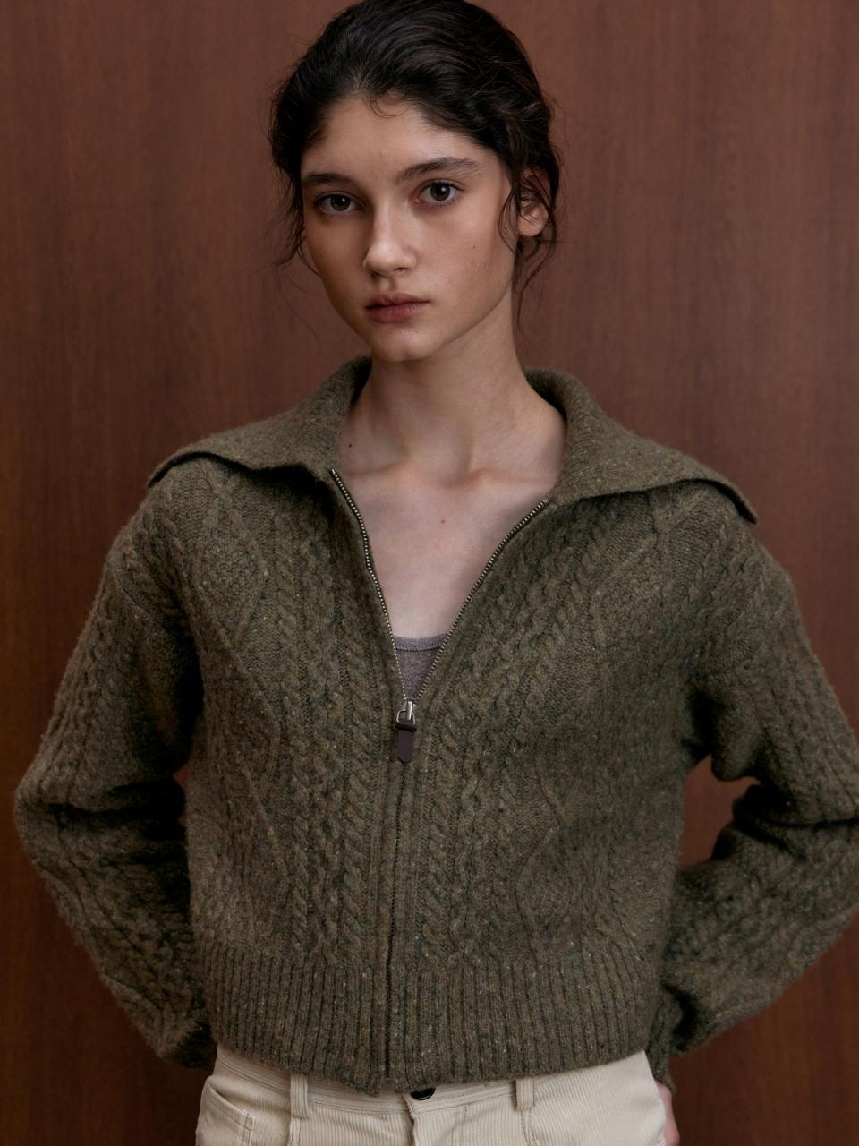 UNNOUT Wool Cable Knit Zip Up Cardigan (Olive Green)