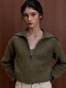UNNOUT Wool Cable Knit Zip Up Cardigan (Olive Green)