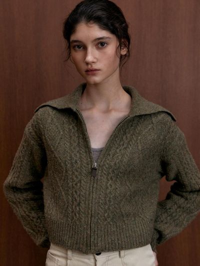 UNNOUT Wool Cable Knit Zip Up Cardigan (Olive Green)