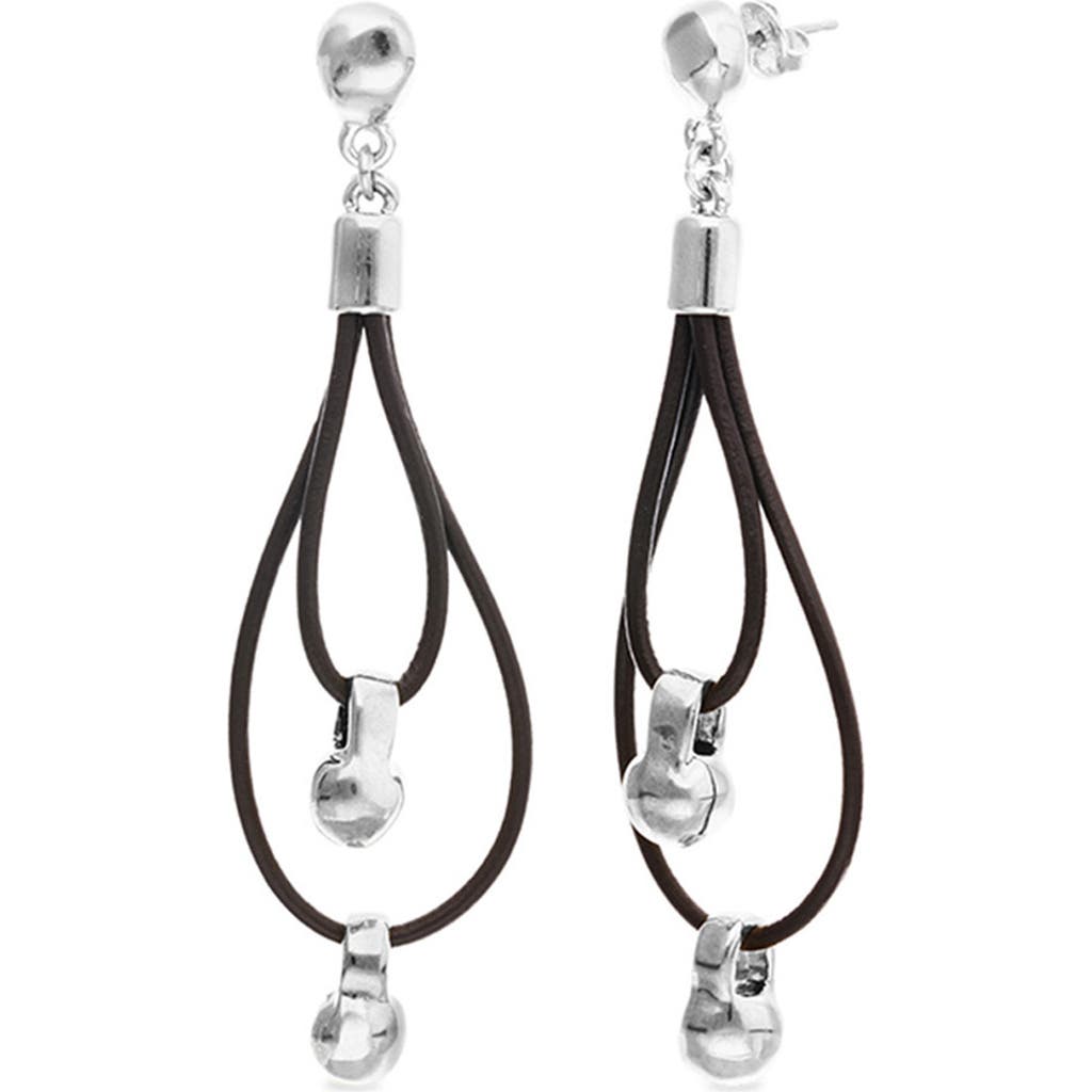 UNODE50 UNODE50 Double long leather earrings with sterling silver-plated dial detail 